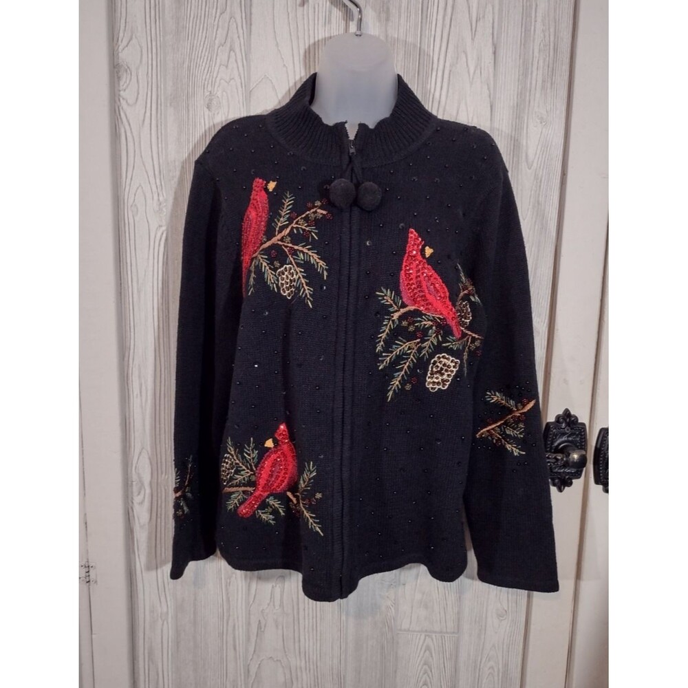Tiara International Cardigan Size X-Large Black Sweater Cardinal Sequin Holiday
